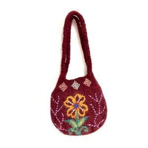 Vintage Felted Wool Shoulder Bag Embroidery Fuzzy Floral Burgundy Zipper Artisan
